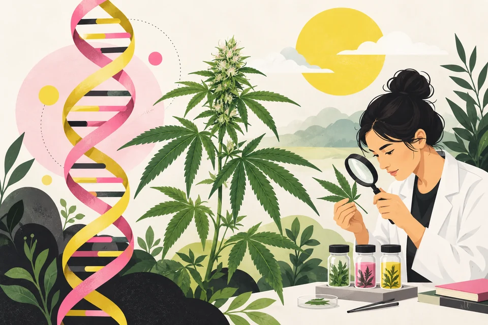 A 2D illustration of DNA, a cannabis plant, environmental context and a researcher observing a leaf