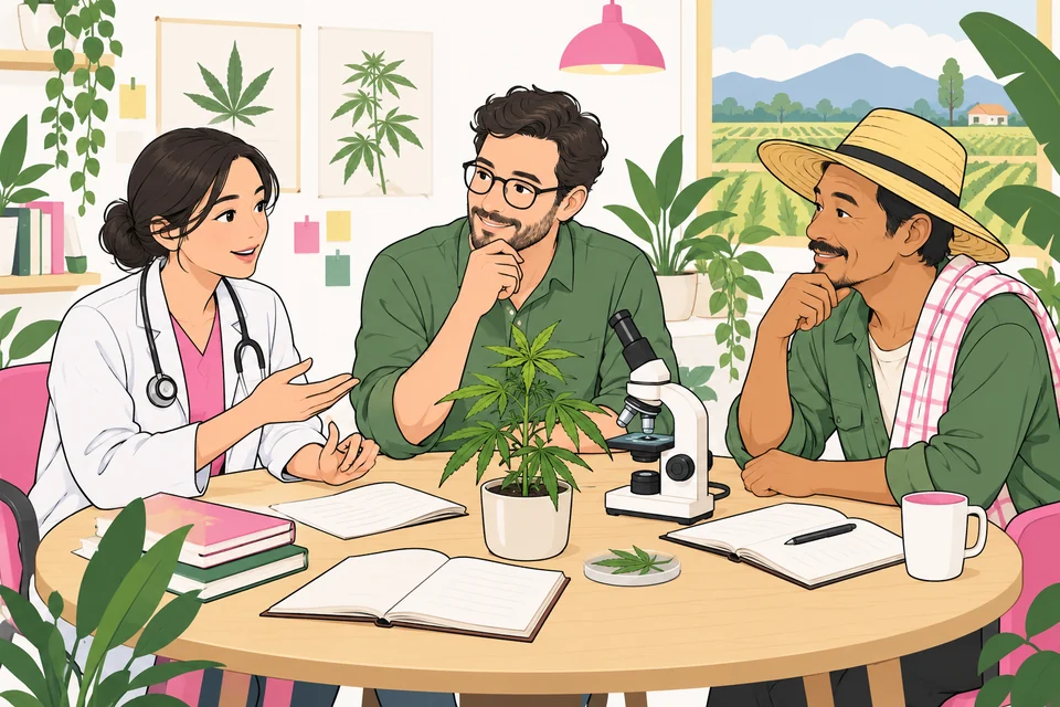 A 2D illustration of a clinician, researcher and farmer discussing evidence